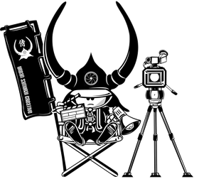 A cartoon character with large horns in a director's chair, holding a clapperboard and megaphone. Next to a film camera on a tripod.