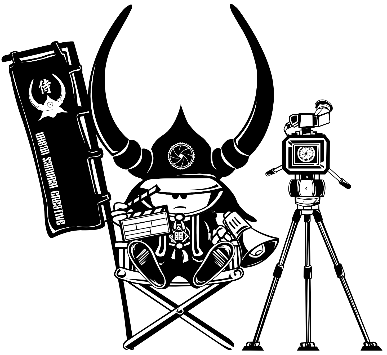 A cartoon character with large horns in a director's chair, holding a clapperboard and megaphone. Next to a film camera on a tripod.