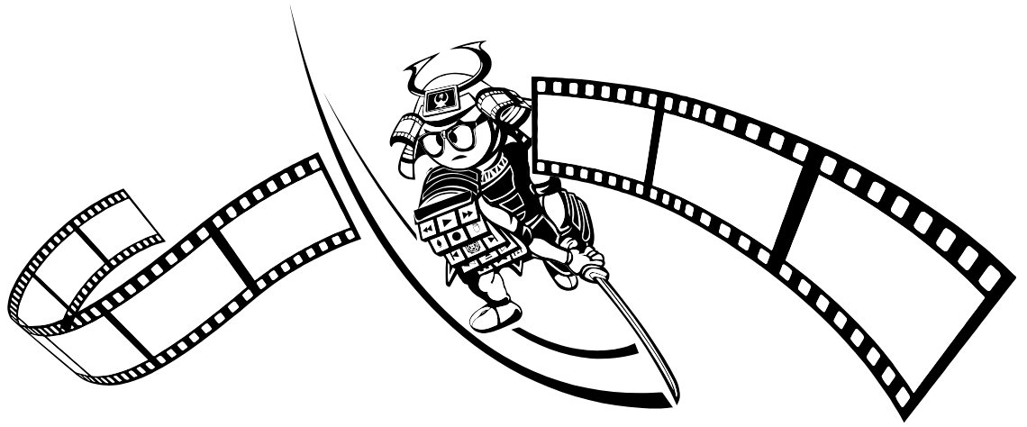 Black and white cartoon of a samurai on a film strip, holding a sword. Two film strips curve around the samurai.