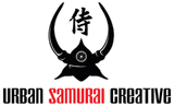 Urban Samurai Creative logo: Samurai helmet with Japanese symbol, text 
