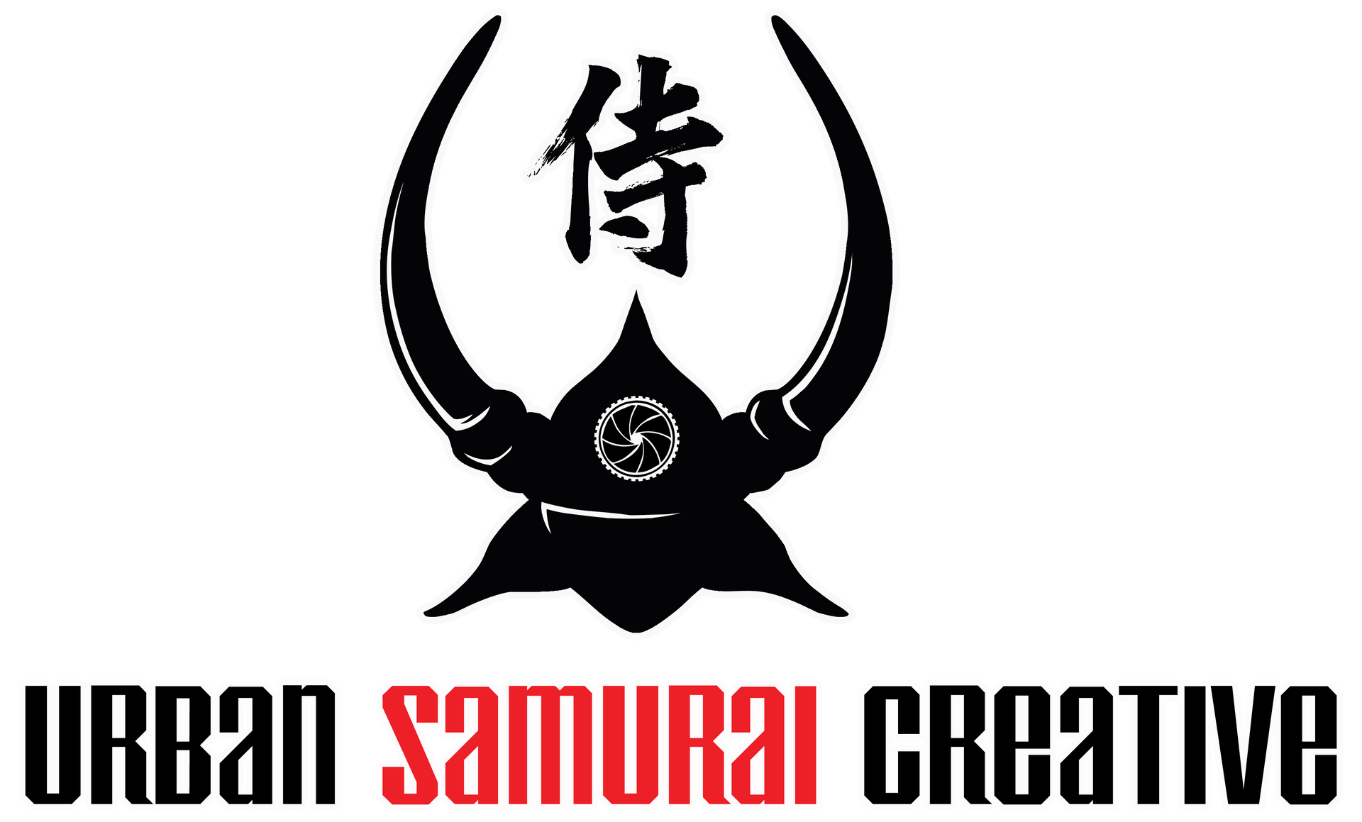 Urban Samurai Creative logo: Samurai helmet with Japanese symbol, text 