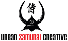 Urban Samurai Creative logo: Samurai helmet with Japanese symbol, text 