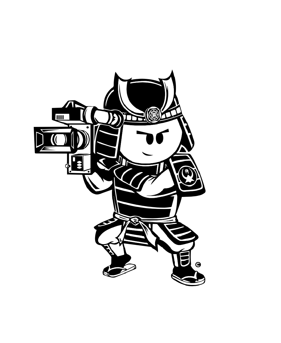 A cartoon samurai, with a stern expression, crouches while holding a futuristic gun. It wears armor with a Star Wars logo.