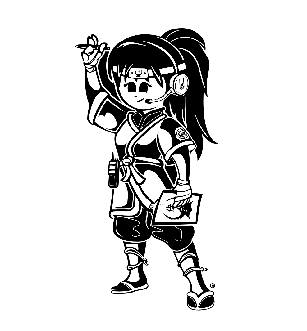Cartoon woman with headset, holding pen and tablet, wearing ninja-style outfit.