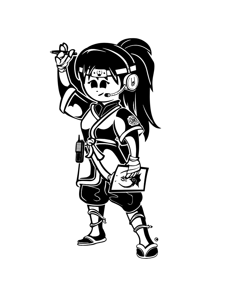 Black and white cartoon of a woman in ninja-like attire, wearing a headset and holding a pen and clipboard, possibly a director or coach.