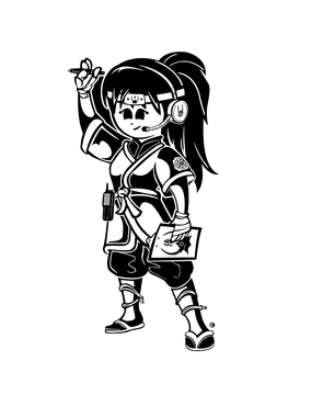 Black and white cartoon of a woman in ninja-like attire, wearing a headset and holding a pen and clipboard, possibly a director or coach.