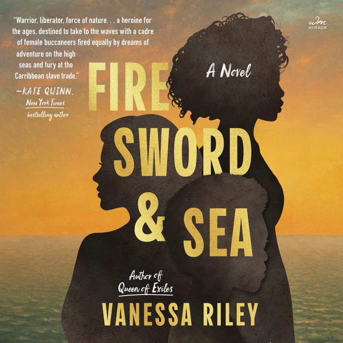 Book cover of “Fire Sword & Sea” by Vanessa Riley, showing a silhouetted figure against an orange sea sunset