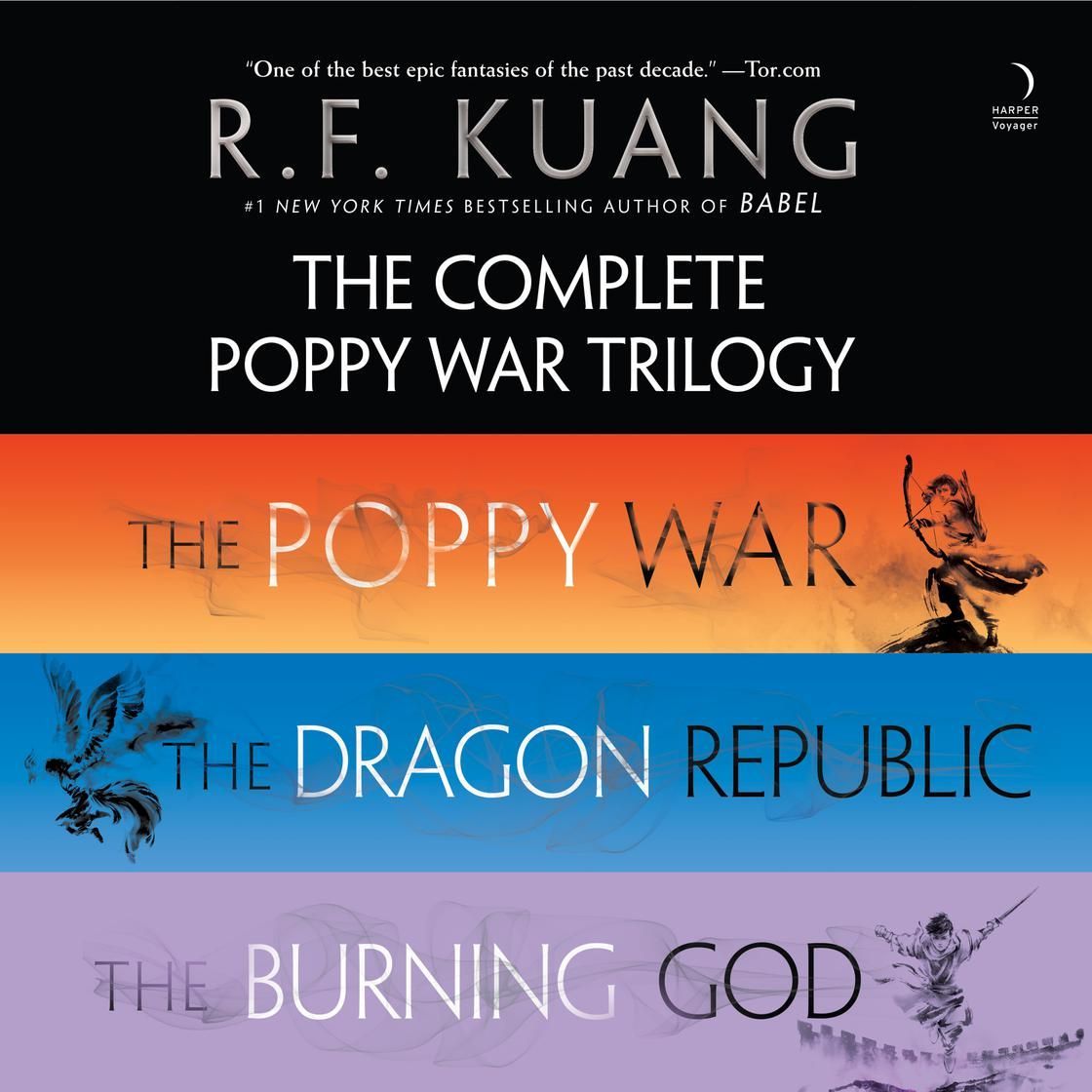 The Poppy War Trilogy book covers stacked: The Poppy War, The Dragon Republic, and The Burning God.