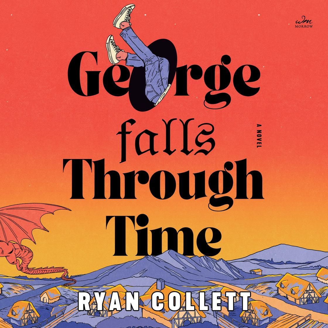 Book cover with red background reading “George Falls Through Time” by Ryan Collett, featuring a falling figure.