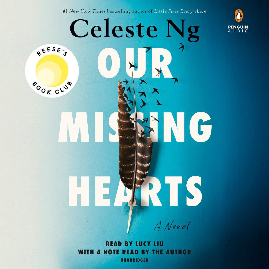 Cover of Celeste Ng’s novel “Our Missing Hearts” with blue background and a hanging feather.