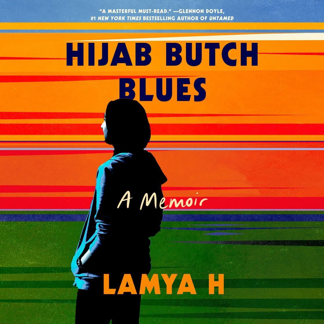 Book cover with silhouette against orange and green stripes, titled 