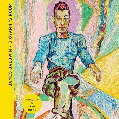 Colorful book cover for James Baldwin’s Giovanni’s Room with a painted seated figure on a pastel background.