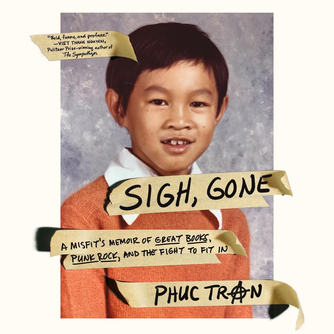 Portrait of a smiling child with layered text: “SIGH, GONE” and “PHUC TRAN” on a beige background.
