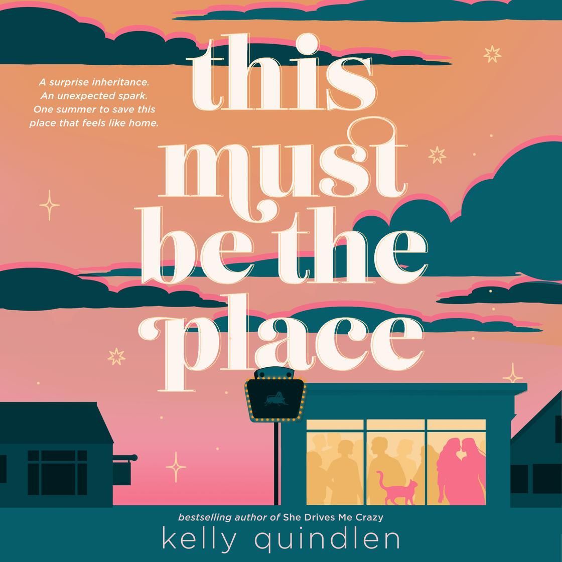 Book cover with pink sunset sky, dark clouds, and a house with glowing windows; title: “This Must Be the Place”