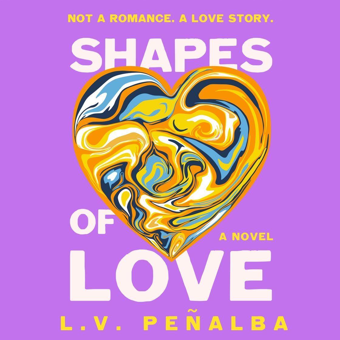 Book cover with a marbled heart on a purple background, titled “Shapes of Love” by L.V. Peñalba.