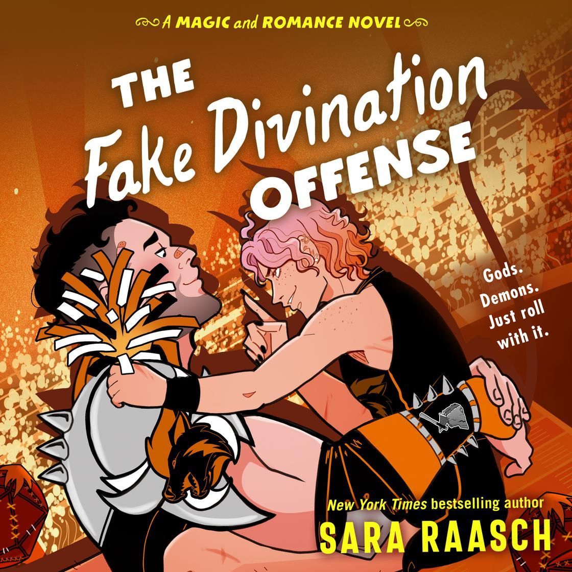 Book cover: two people collide in a chaotic orange-pink scene; title reads “The Fake Divination Offense.”