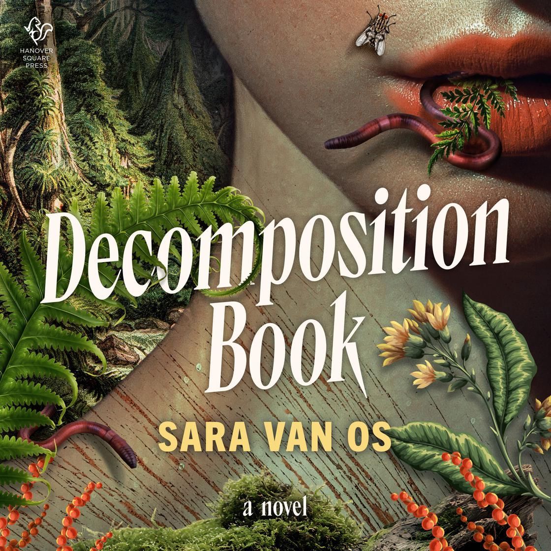 Book cover with white title “Decomposition Book” over dark leaves, worms, and orange berries.