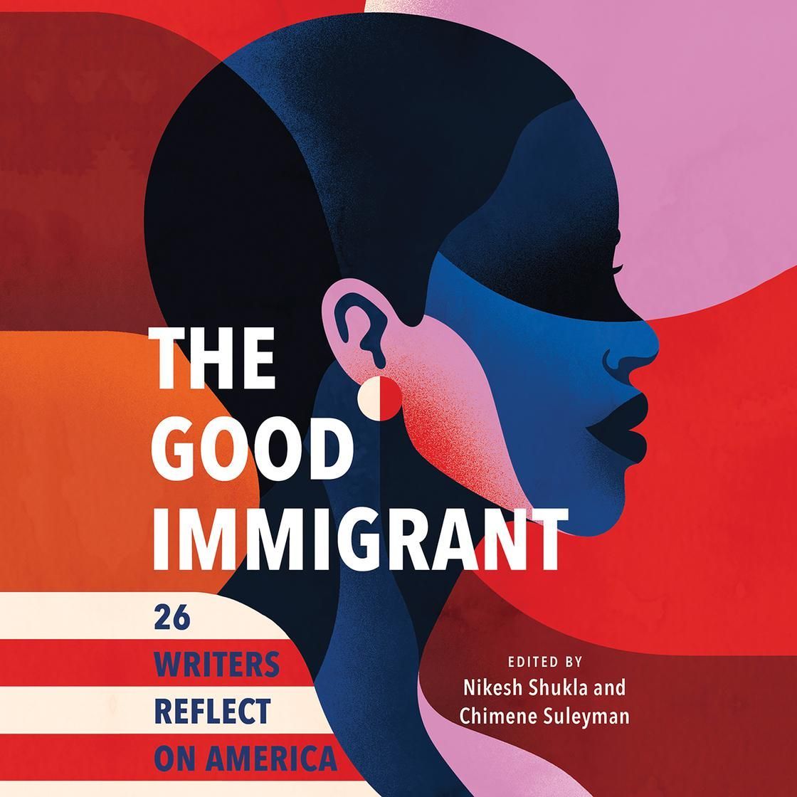 Book cover for “The Good Immigrant” with a blue profile silhouette and red-pink background.