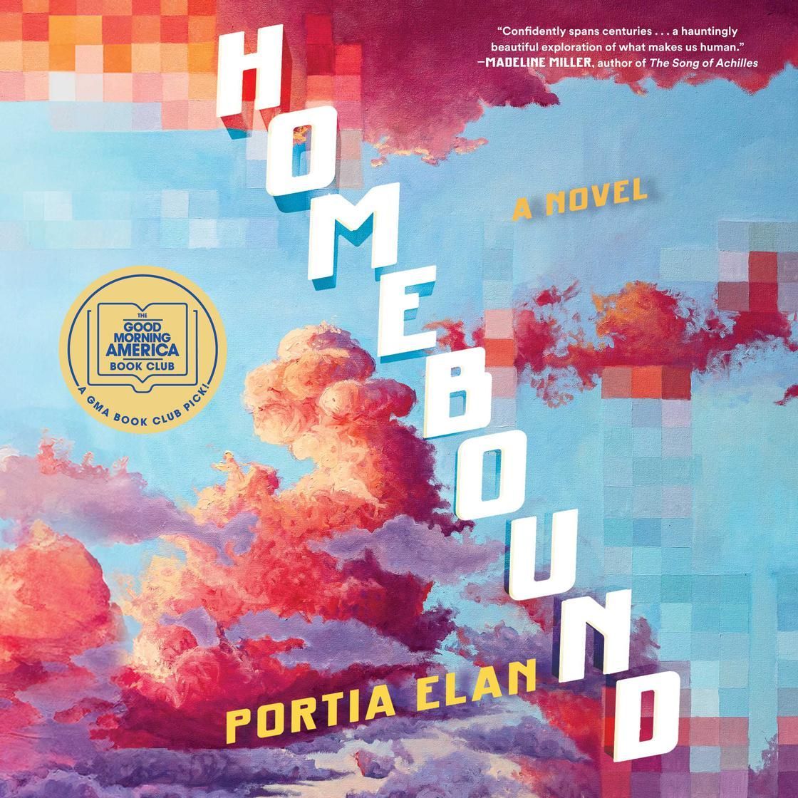 Book cover for Homebound by Portia Elan, with pastel clouds and bold diagonal white title text.