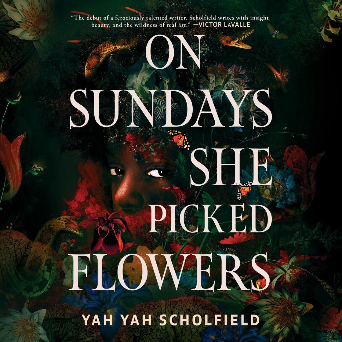 Book cover reading “On Sundays She Picked Flowers” by Yah Yah Scholfield, with a floral portrait in dark tones