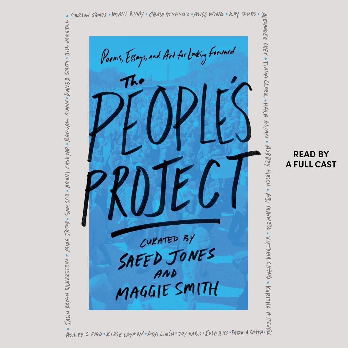 Audiobook cover for The People's Project, featuring bold, handwritten black text on a blue background, read by a full cast.