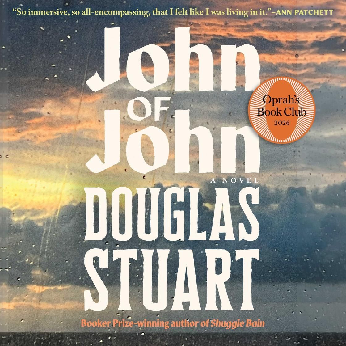 Book cover for John of John by Douglas Stuart, with sunset sky and orange Oprah’s Book Club seal