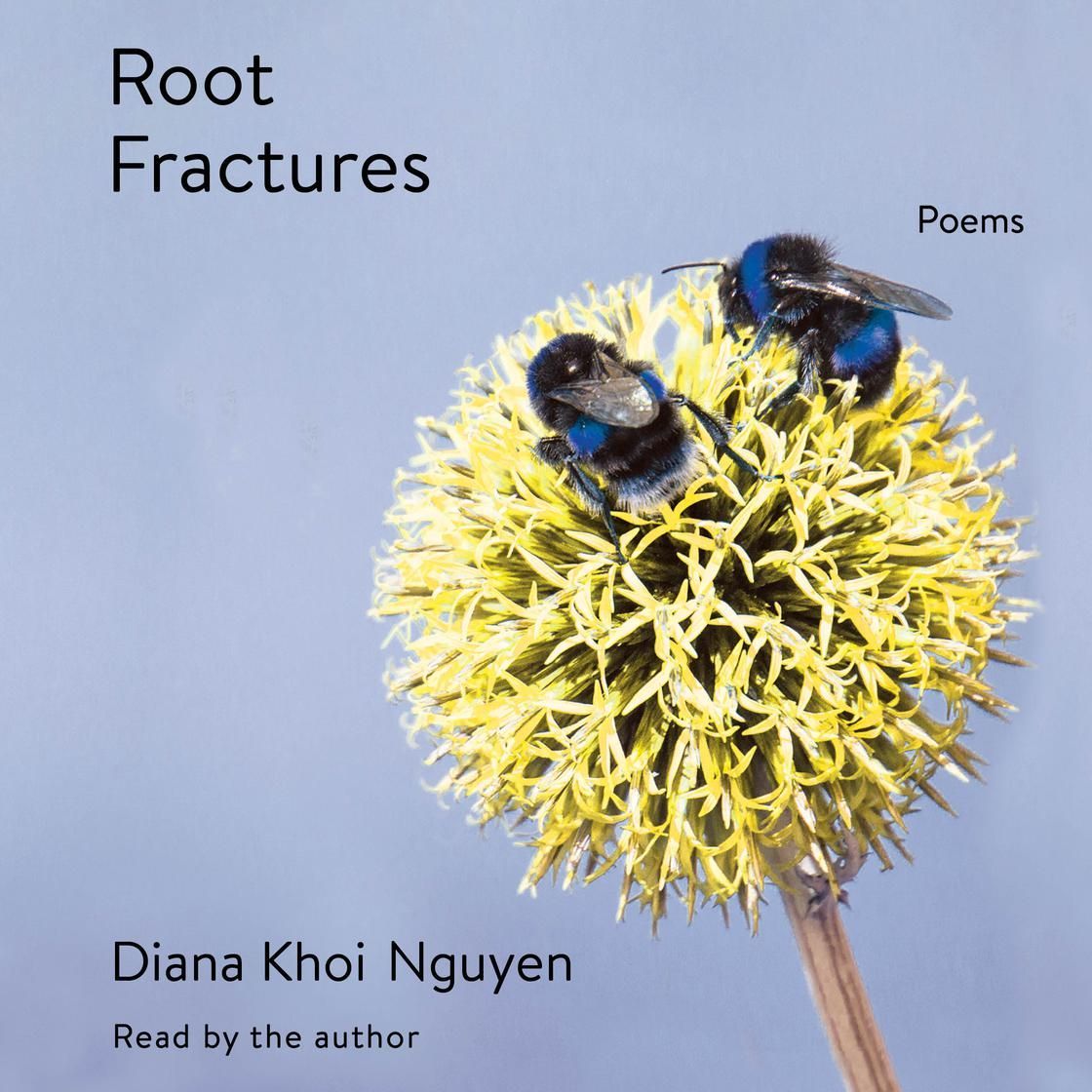 Book cover for Root Fractures, featuring two blue-black bees on a yellow, spherical flower against a light blue background.