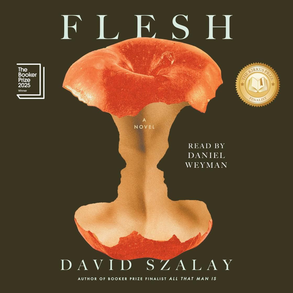 Book cover: Flesh. Red apple core with two face silhouettes, brown background, white text.