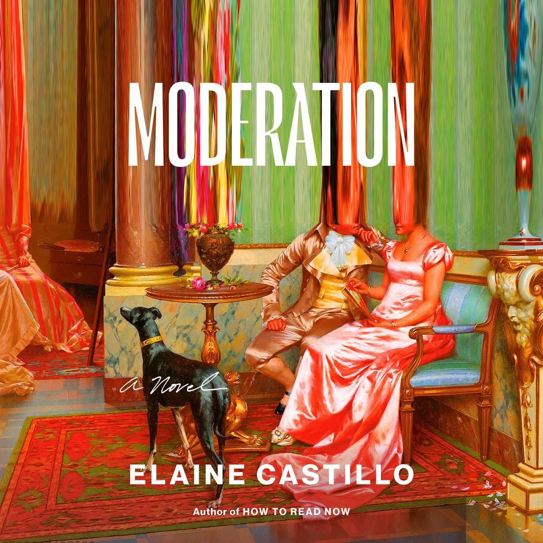 Book cover with a seated figure in a red dress and the title “Moderation” by Elaine Castillo
