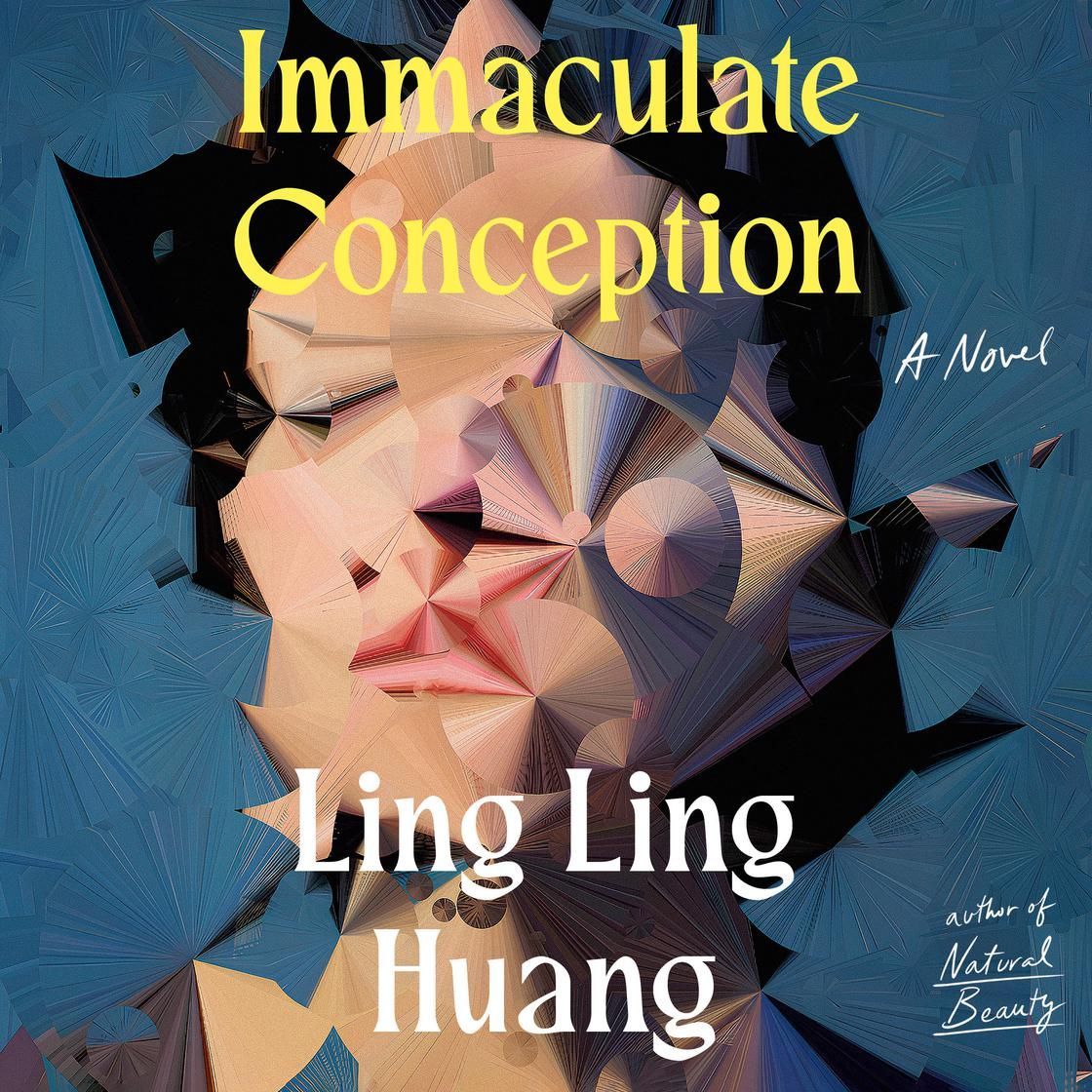 Book cover for “Immaculate Conception” by Ling Ling Huang, showing a stylized face with geometric spikes on a blue background