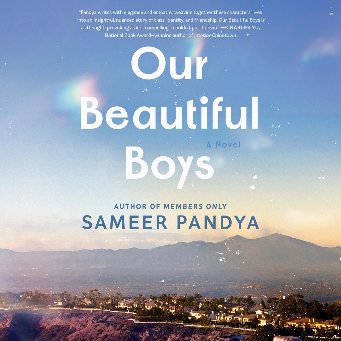 Book cover for “Our Beautiful Boys” by Sameer Pandya, with a pastel sky over a city skyline and mountains