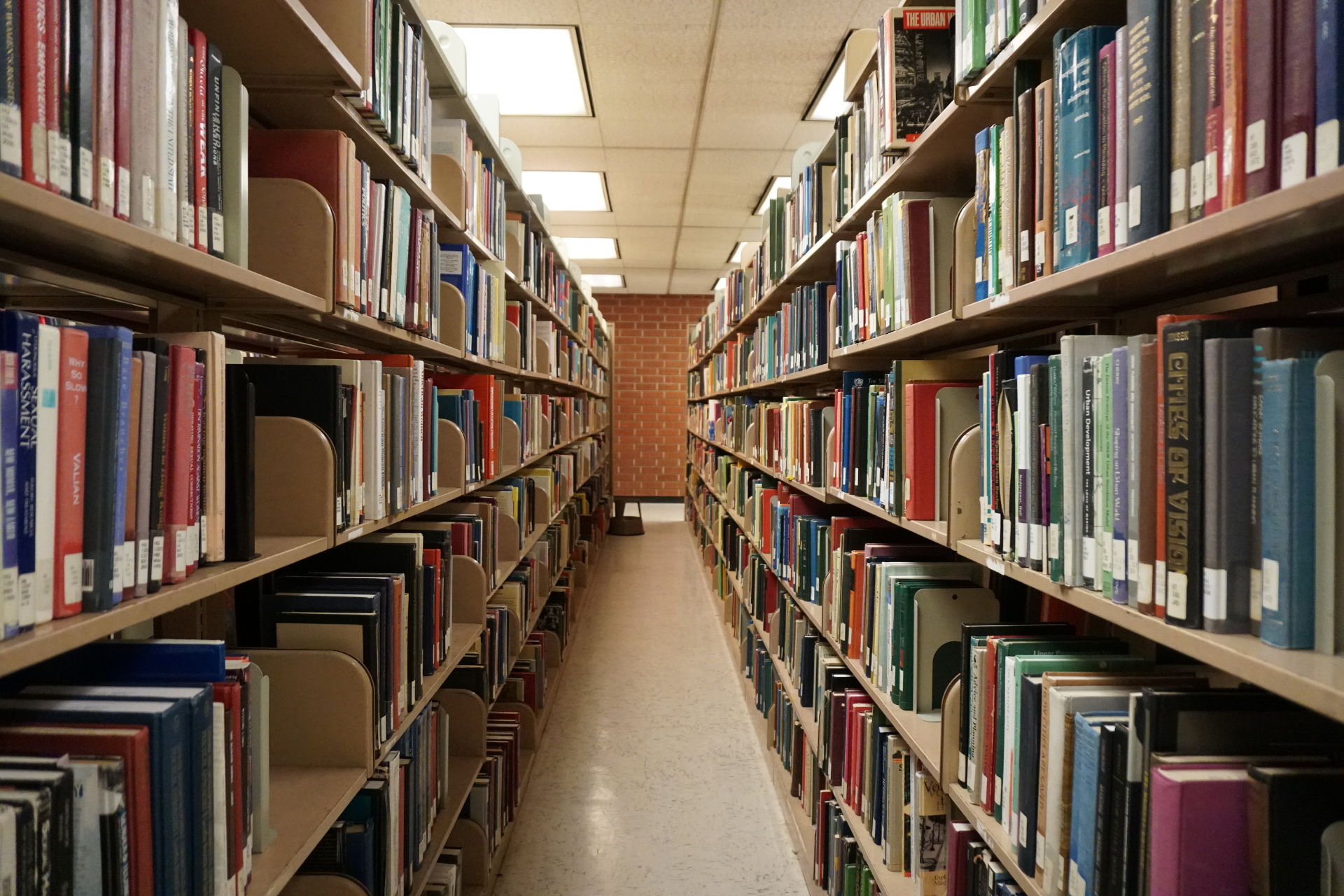 empty library walkway flanked by two shelves fully stocked with books