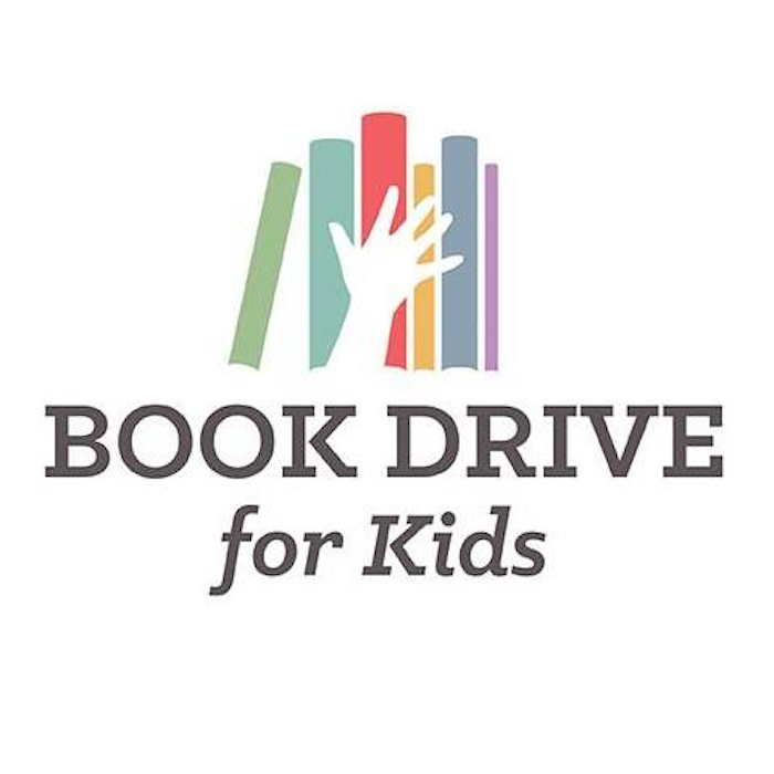 A logo with a hand reaching for colorful books