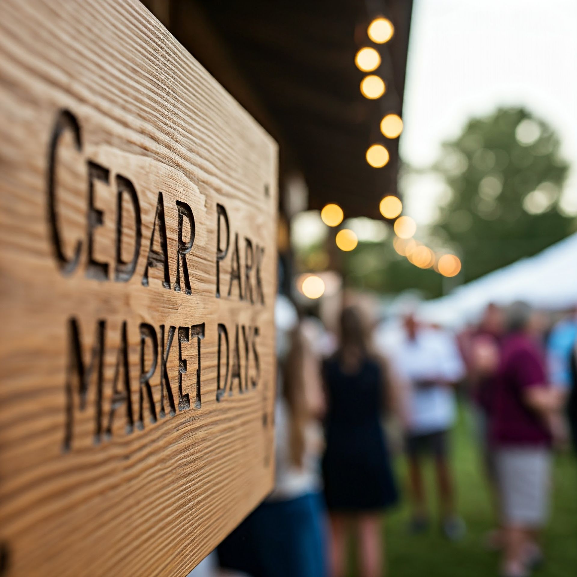 A wooden sign at an outdoor market with people standing and shopping