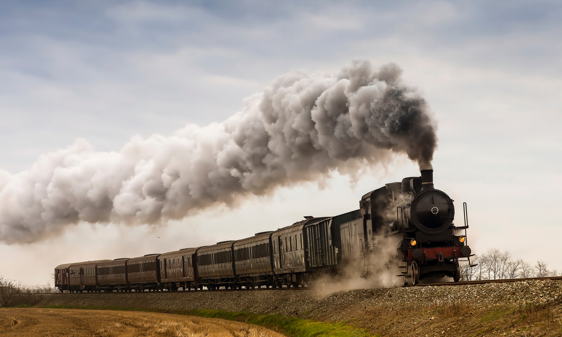 Steam train traveling, billowing gray smoke against a cloudy sky.