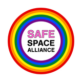 Logo for Safe Space Alliance: rainbow circle framing a white circle with text 