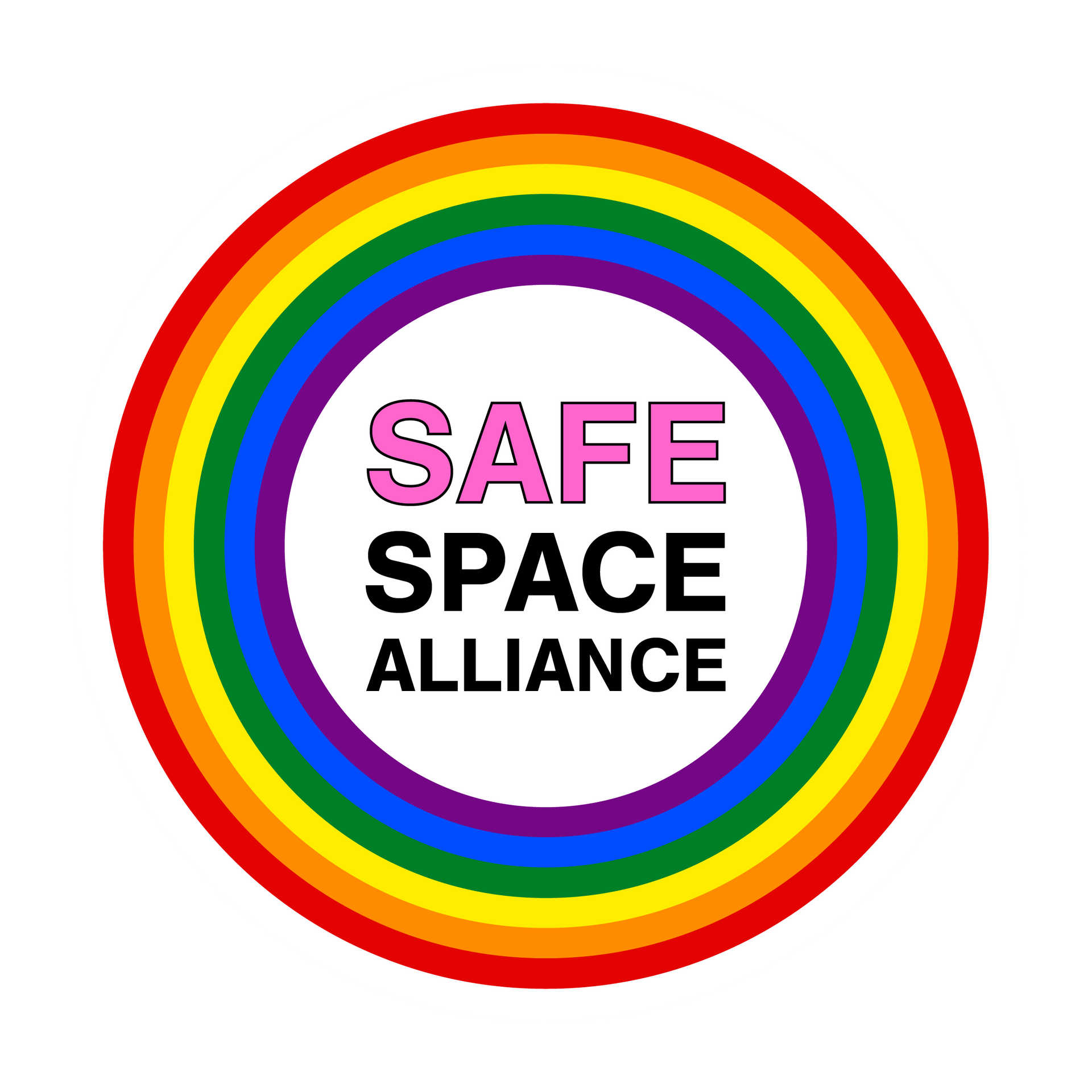 Logo for Safe Space Alliance: rainbow circle framing a white circle with text 