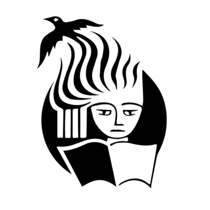 A black and white drawing of a woman reading a book