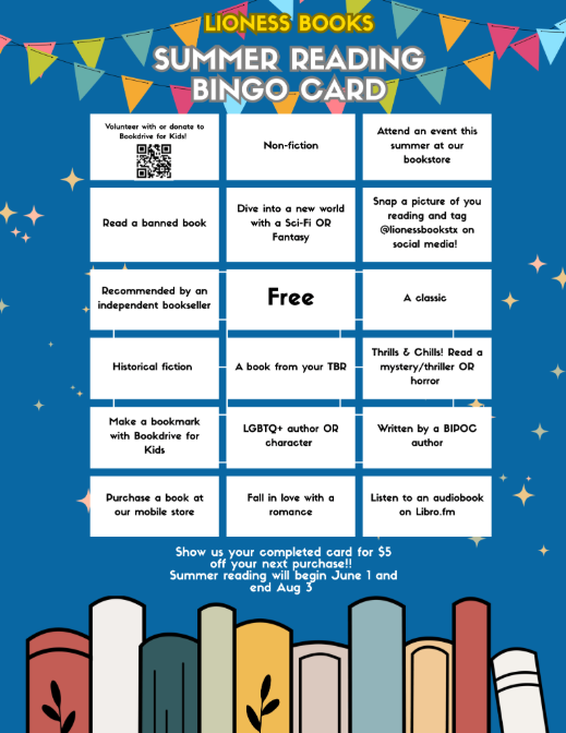 Lions Clubs International summer reading bingo card with blue background, books, stars, and reading challenge squares