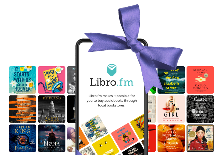 A cell phone with libra.fm on the screen and audiobook covers in the background