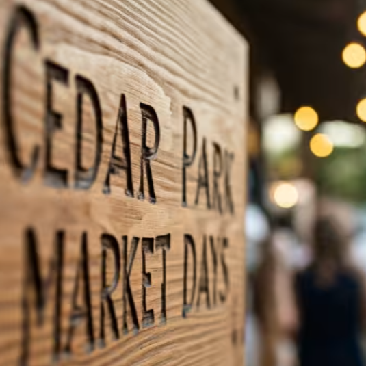 Close-up of wooden Cedar Park Market Days sign with blurred shoppers and lights in the background