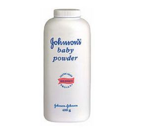 Johnson's baby powder container, white bottle, blue text, red seal, 400g.
