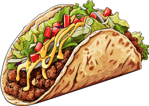 Taco with ground meat, lettuce, tomatoes, cheese sauce, and onions in a crispy shell.