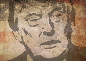 Donald Trump portrait superimposed on American flag background.