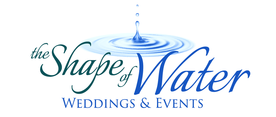 The Shape of Water Weddings & Events logo in teal and blue with a water ripple design