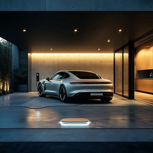 Indoor car show with electric vehicles on display; people looking at cars.