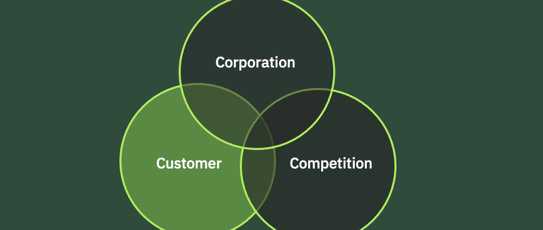 Customer segment diagram. Green background with text and icons. Smiley face, list icon, and woman in circle.