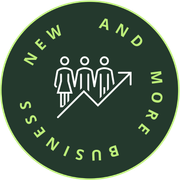 A green circle with three people and an arrow and the words new and more business