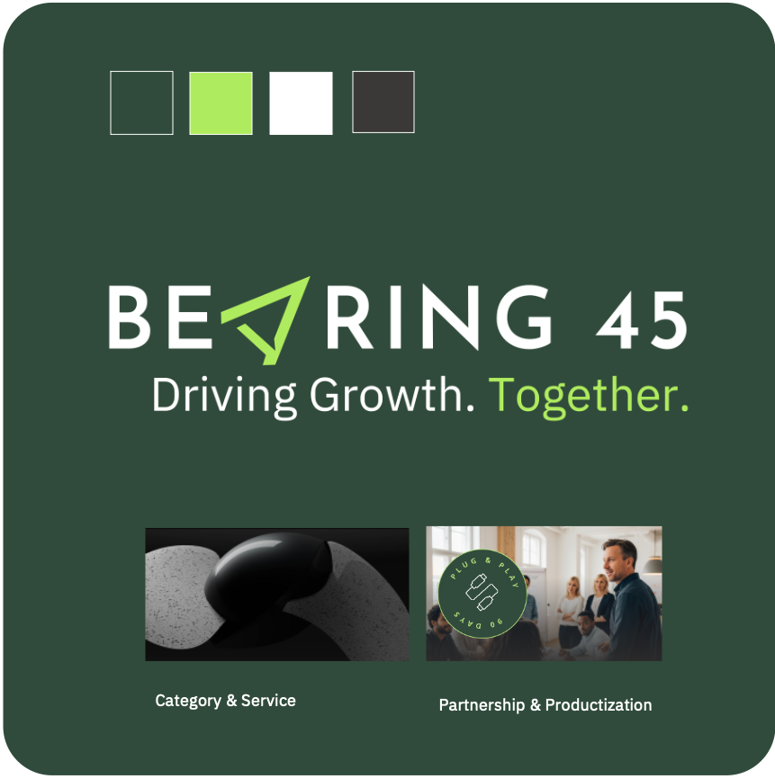 Bearing 45 logo with the text "Driving Growth. Together." Two small images below depict category & service, and partnership & productization