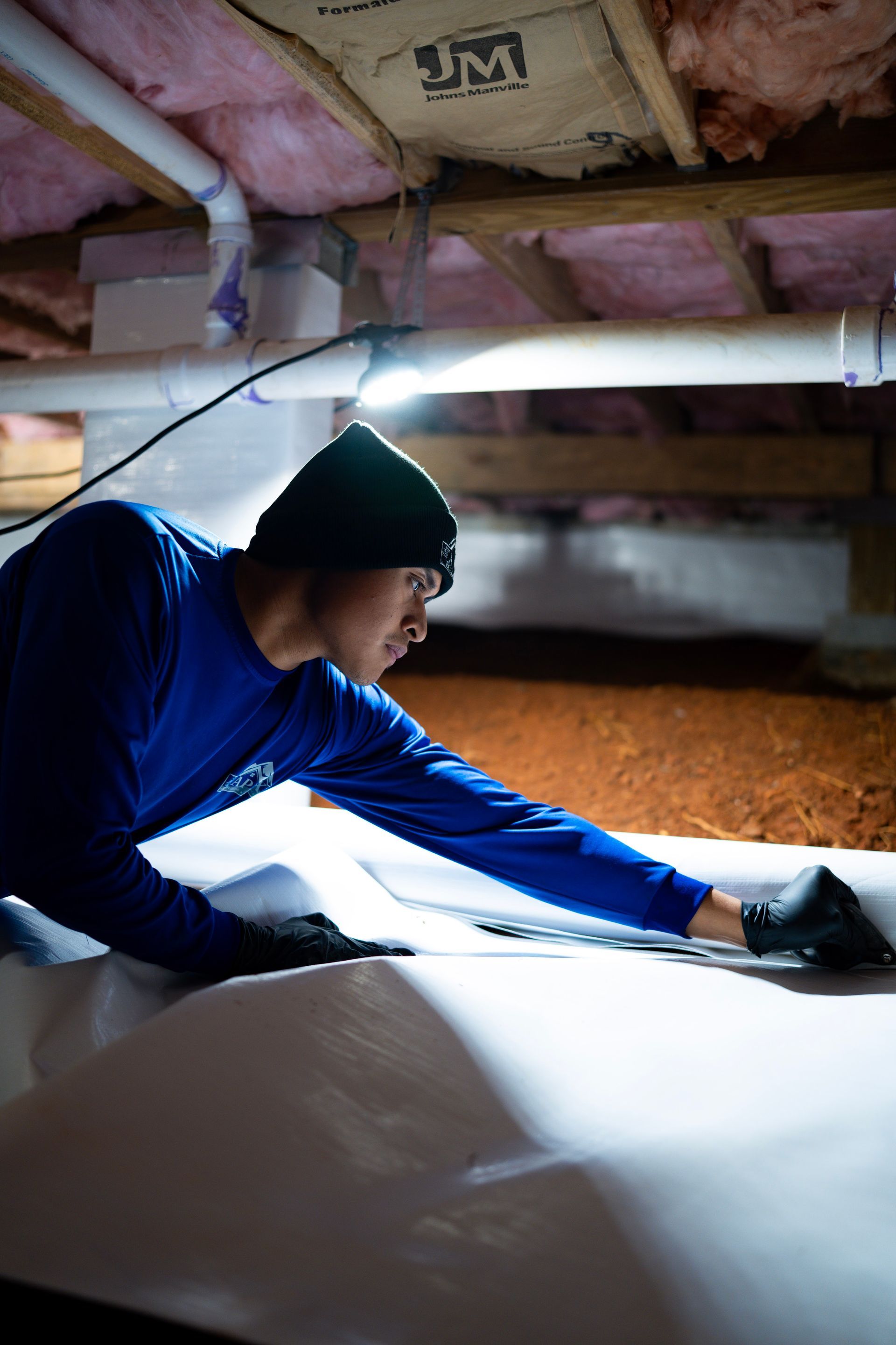 Person installing white vapor barrier in crawl space, wearing blue shirt and black gloves.